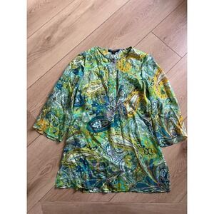 Brooks Brothers Womens Paisley Print Tunic Top XS Green Blue Yellow